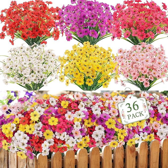 MACTING 36 Bundles Artificial Flowers for Outdoors UV Resistant Fake Flowers Faux Plastic Plants No Fade for Planters Window Patio Porch Home Garden Indoor Outside Spring Decorations(Mix Color-1)
