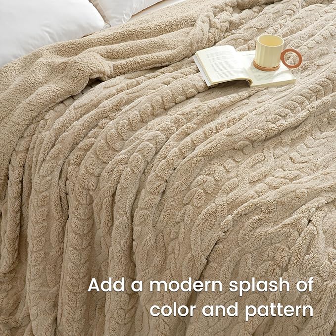 PHF Fluffy Sherpa Blanket King Size for Winter, Warm and Soft, 510GSM 3D Jacquard Thick Shaggy Fleece Plush Blanket for Sofa Bed, Khaki, 108"x90"