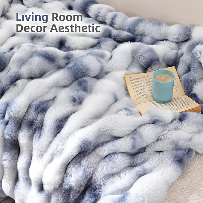 Smoofy Faux Fur Throw Blanket for Couch Rabbit Fleece - Tie-dye Blue Fluffy Blanket for Sofa Bedroom Living Room, Cozy Soft Plush Luxury Thick Winter Fuzzy Comfy Bubble Blanket - 60" x 80"
