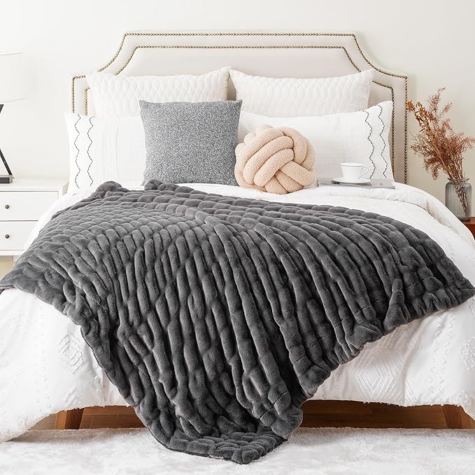 BATTILO HOME Luxury Grey Faux Fur Throw Blanket, Double Side Ruched Rabbit Fur Blanket for Couch, Bed, Cozy Soft Warm Blanket, 60x80 Inches