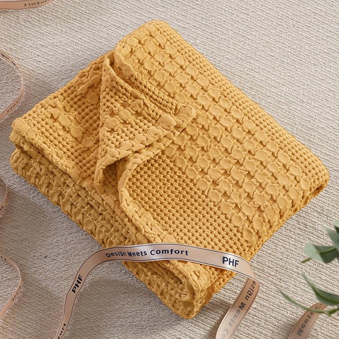 PHF 100% Cotton Waffle Weave Throw Blanket, Soft Lightweight Breathable Cozy Throws for Couch Bed Sofa, Luxury Aesthetic Blanket Gift for Home Decor & Office, 50"x60", Pumpkin Orange