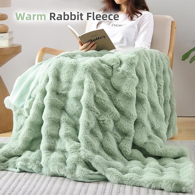 Smoofy Faux Fur Throw Blanket for Couch – Sage Fluffy Cozy Rabbit Fleece, Plush Soft Bubble Blanket for Sofa & Bed, for Mom, Warm Fuzzy Home Room Decor Throw 50" x 60"