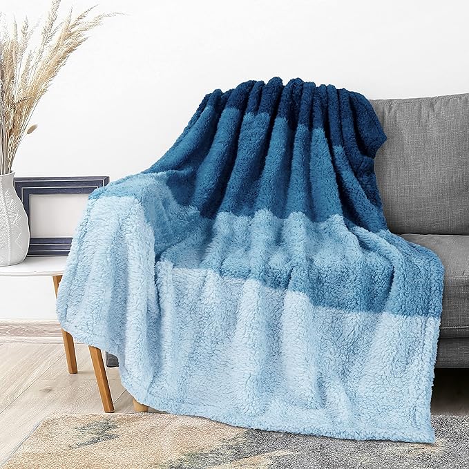 PAVILIA Fluffy Sherpa Throw Blanket Ombre | Gradient Plush, Soft, Fuzzy, Decorative Accent Throw Blanket for Couch Sofa Twin Bed | Cozy Warm Decorative Furry Faux Fur Blanket, 60x80 Inches Sea Blue