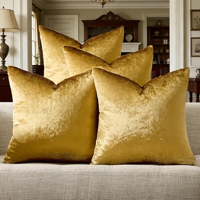 GIGIZAZA Gold Pillow Covers 20x20 Set of 4,Velvet Luxury Couch Throw Pillow Soft Covers Decorative Modern Square Pillows Living Room Vintage Cushion Covers