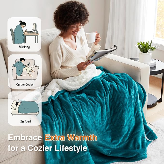 Beautyrest Heated Blanket, Eletric Throw Blanket, Soft, Warm, Reversible Plush - Sherpa Heating Blanket Throw for Office, Couch, 3 Heat Settings, 2 hr Auto Shut Off, Machine Washable, 50 x 60 Teal