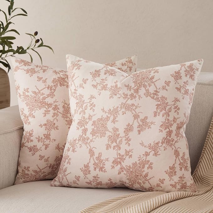 100% Cotton French Pastoral Throw Pillow Covers Set of 2, 18x18 Inch Terracotta Farmhouse Decorative Cushion Covers for Sofa Bed Living Room Home Decor