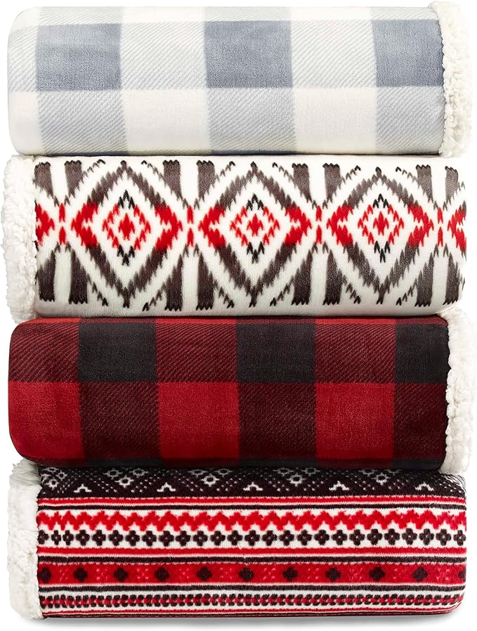 Eddie Bauer - Throw Blanket, Brushed Fleece & Plush Sherpa Soft Bedding, Blanket for Couch & Bed (Fair Isle Black, 50" x 60")