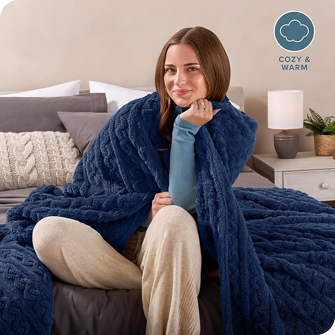 Bare Home Faux Shearling Blanket - Blanket for Bed, Sofa, Couch, Camping, Travel, and Gifts - Warm & Lightweight Throw - Fluffy & Soft (Twin/Twin XL, Cable Dark Blue)