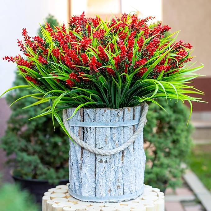 Artificial Flowers for Outdoors Plants - 20 Bundles Fake Lavender Plastic Faux Monkey Grass UV Resistant for Home Decorations (20, Red)