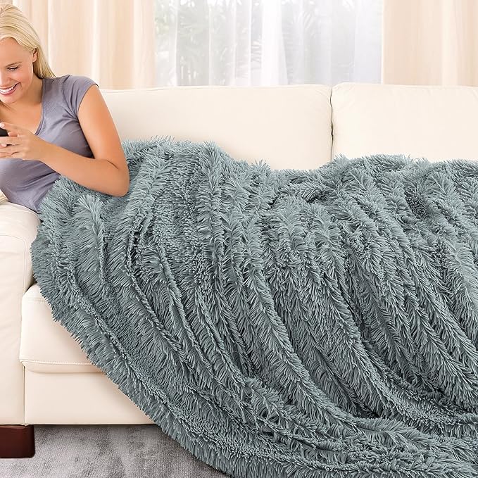 TOONOW Extra Soft Fuzzy Faux Fur Blanket Queen Size 78"x90", Reversible Lightweight Decorative Blankets and Throws Super Soft Cozy Microfiber Fleece Fuzzy Blankets for Couch Bed, Blue Grey