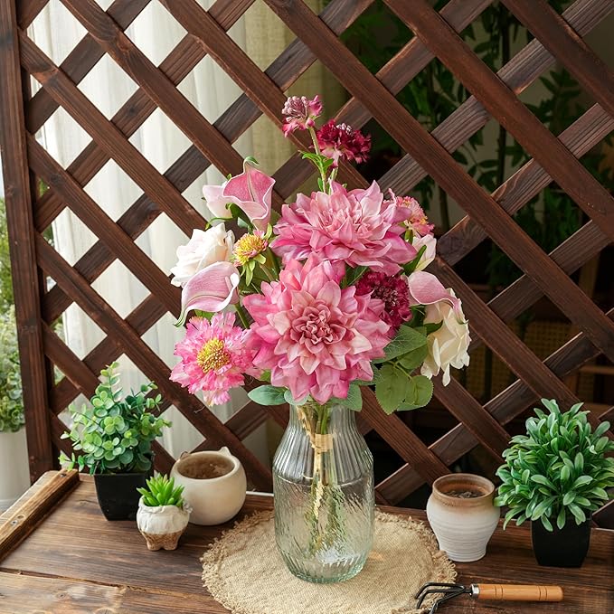 LUEUR Artificial Flowers in Vase Centerpiece – Pink Dahlia, Tulip & Rose Arrangement, Faux Floral Table Decorations for Coffee Table, Dining Room, Living Room & Farmhouse Home Decor