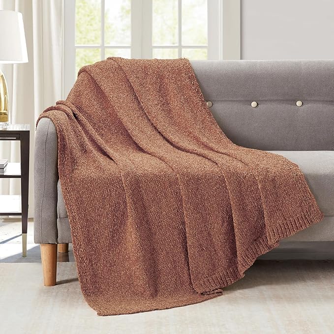 BOURINA Chenille Throw Blanket for Couch Sofa Chair Bed Home Decoration, Soft Warm Cozy Blanket for All Season（50" x 60", Coral）