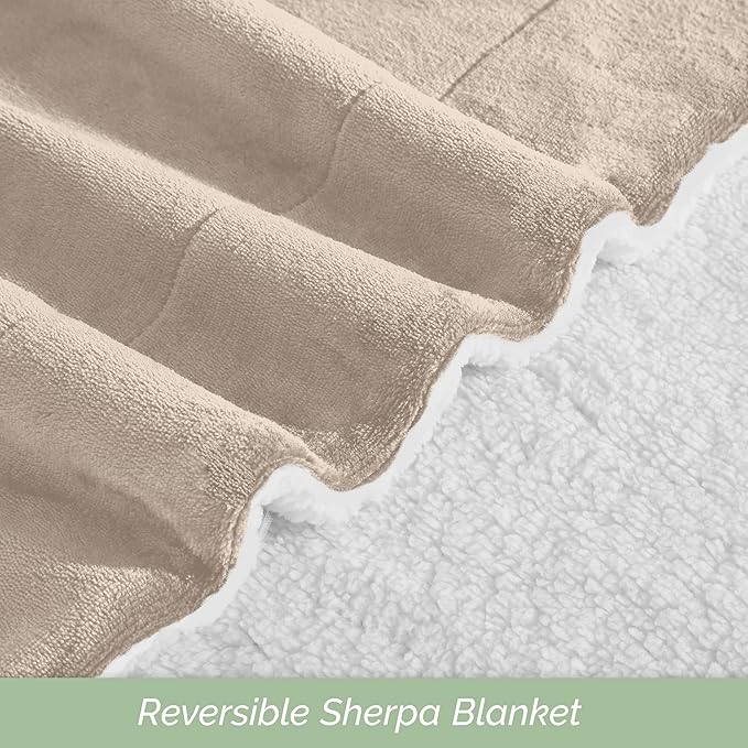 Elegant Comfort Ultra Soft Reversible Flannel Sherpa Blanket - Cozy Silky Fleece Throw for Couch, Bed - Plush Fuzzy Warm Winter Blanket for Gift, Queen, Cream