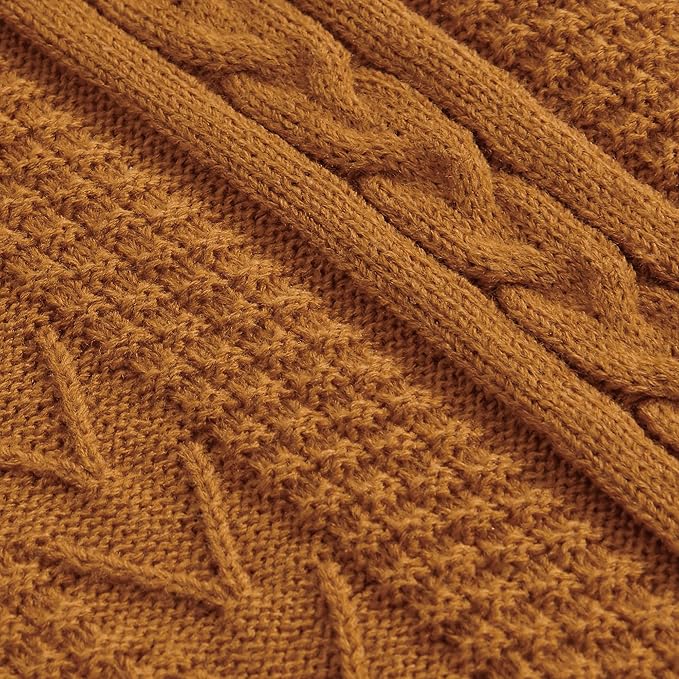 Longhui bedding Burnt Orange 50 x 63 Inches Acrylic Cable Knit Sherpa Throw Blanket - Thick, Soft, Big, Cozy Knitted Fleece Blankets for Couch, Sofa, Bed - Large Coverlet All Season