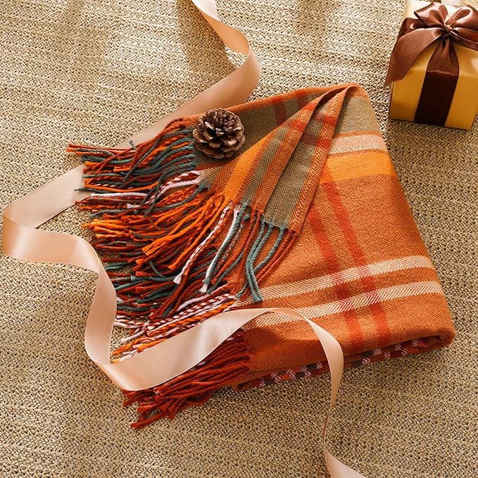BATTILO HOME Orange Plaid Throw Blanket for Couch - Fall Throw Blanket - Lightweight Buffalo Plaid Blanket Throw Checkered Blanket for Bed, Sofa, Chair,Home Decor, Fall Decor