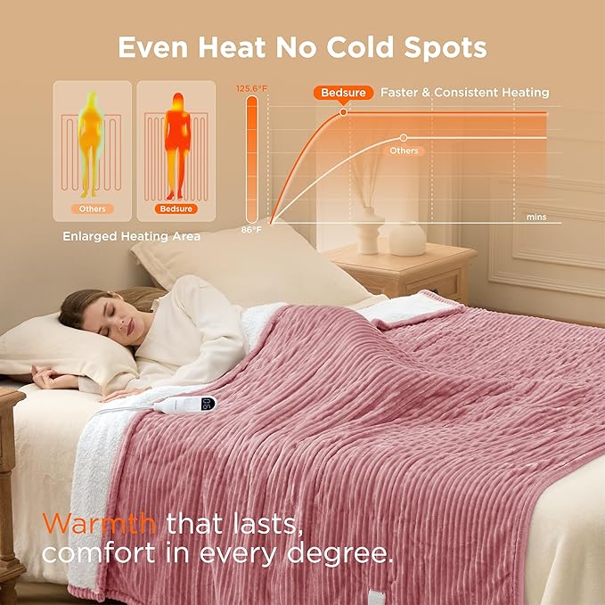 Bedsure GentleSoft Electric Blanket Twin - Soft Ribbed Flannel Heated Blanket, Heating with 10 Time Settings, 6 Heat Settings, and 8 hrs Timer Auto Shut Off (62x84 inches, Pink)