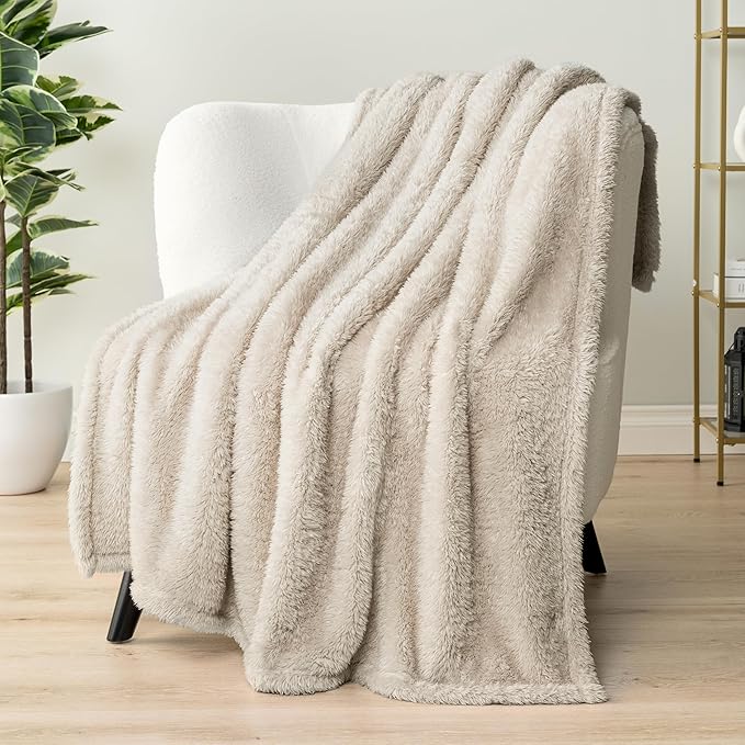 PAVILIA Sherpa Throw Blanket for Couch Sofa, Cream Beige Fluffy Warm Plush Blanket for Bed, Cozy Super Soft Lightweight Throw, Fuzzy Decorative Blanket, All Season Home, 50x60