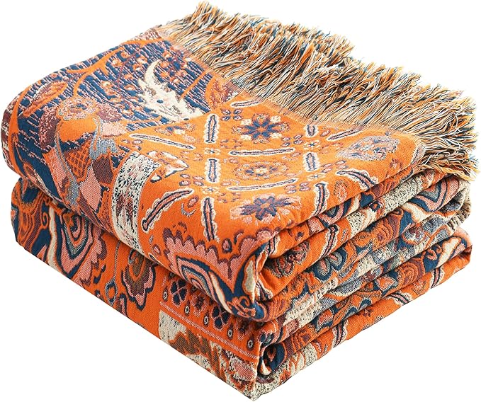 Boho Throw Blanket for Bed Couch 50" x 60", 100% Organic Cotton Skin-Friendly Ultra Soft Quilt Orange Throw - Floral Rustic Room Decor Luxury Reversible Blanket for Sofa Chair and Gift