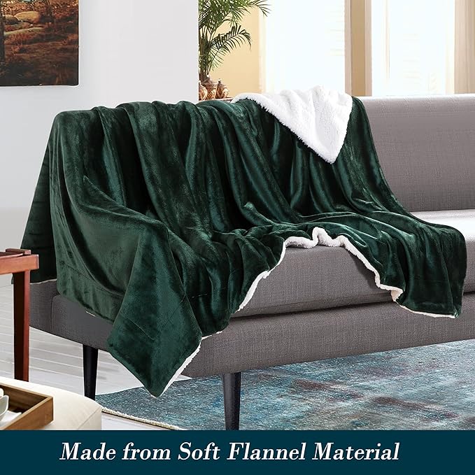 Mocassi Premium Ultra-Soft Velvet Touch Flannel Fleece Sherpa Throw - Warm Cozy Reversible Plush Micromink Throw Blanket for Couch, Bed and Sofa - Fluffy, Christmas Winter Bedding Gift, Hunter Green
