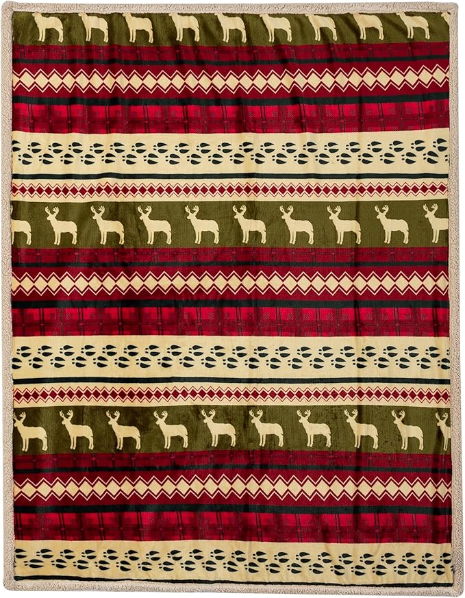 PAVILIA Premium Christmas Sherpa Throw Blanket, Green Red Cabin Design with Reindeer Print, Ultra Soft Reversible Fleece & Sherpa 50x60 Cozy Winter Blanket, Cozy Christmas & Holiday Decor