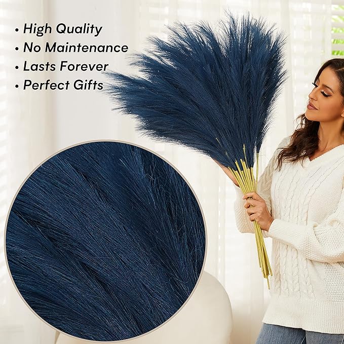 Blue Pampas Grass, 9 PCS 37''/3.1FT Tall Fluffy Fake Pompas Floral, Large Faux Pompous Grass Branches for Floor Vase Fillers, Boho Farmhouse Room Wedding Decor (Blue)