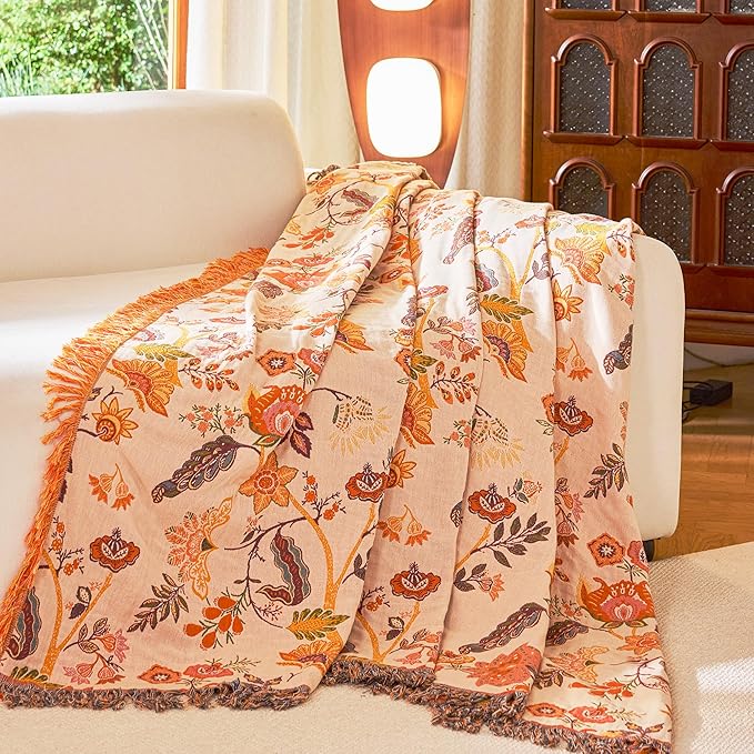 Boho Throw Blanket 60" x 80", 100% Organic Cotton Breathable Skin-Friendly Ultra Soft Bed Quilt Throw - Floral Rustic Decor Luxury Reversible Blanket for Sofa Couch Chair and Gift,