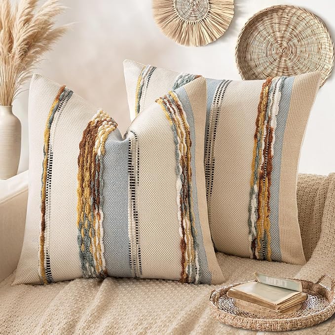 ANRODUO Pack of 2 Boho Decorative Throw Pillow Covers 24x24 Farmhouse Cushion Case Striped Chenille Pillow Cases Square Pillow Covers Accent Neutral Pillowcase for Sofa Couch Bed, Blue-Earth Tones