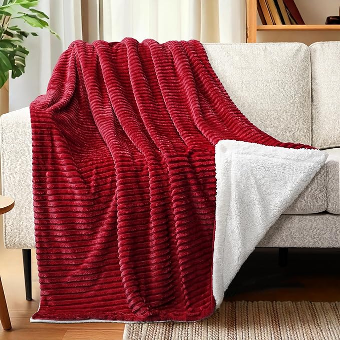 PAVILIA Wine Red Burgundy Sherpa Fleece Throw Blanket for Couch Twin, Soft Plush Fuzzy Blankets, Fluffy Flannel Sherpa Blanket for Bed, Warm 3D Ribbed Winter Blanket Gift, 60x80 inches