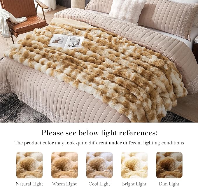 Amélie Home Faux Fur Throw Blanket for Couch, Ultra Soft Fuzzy Plush Bubble Throw for Sofa, Living Room & Home Decor, 50"x60", Tie-dye Khaki