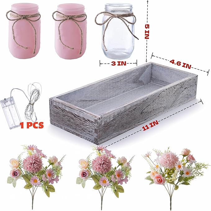 Mason Jar Lights Centerpiece Table Decor for Dining Room Farmhouse Wood Tray with 3 Jars Pink Flowers Valentines Day Decoration for Coffee Table Kitchen Living Room Wedding Spring Decoration