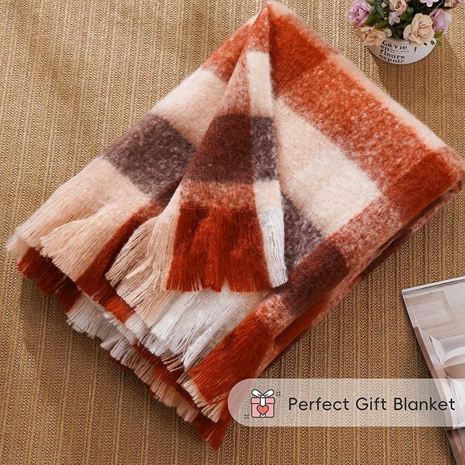 BATTILO Rust Plaid Throw Blanket for Couch Bed, Soft Mohair Tartan Plaid Blanket, Farmhouse Style Checkered Pattern, Fall Throw Blankets for Home Decor(50"x60")