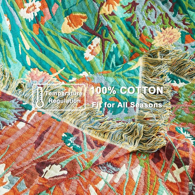 Boho Throw Blanket for Couch Sofa Chair Cotton Spring Breathable Blankets for Bedroom Living Room All Season Soft Lightweight Reversible Floral Embroidery Throws 50"x60" Home Decor