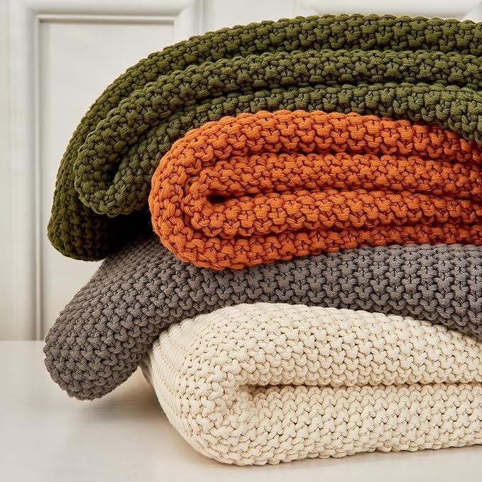 Chunky Cable Knit Throw Blanket Lightweight Cream 100% Organic Cotton Blanket for Sofa Couch Bed Baby Nursery, Rustic Shabby Chic Modern Farmhouse, 60” x 80” Give Laundering Bag