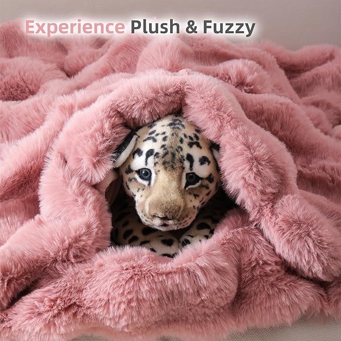 Smoofy Faux Fur Throw Blanket for Couch – Old Pink Fluffy Cozy Rabbit Fleece, Plush Soft Bubble Blanket for Sofa & Bed, for Mom, Warm Fuzzy Home Room Decor Throw 50" x 60"