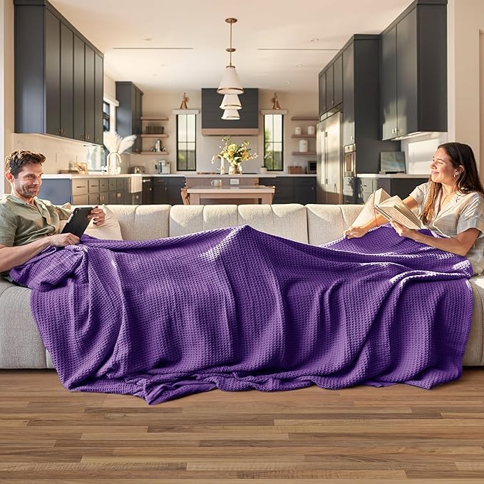 Bedsure Gentlesoft 100% Cotton Blanket King Size for Bed - Breathable and Soft for Spring Summer, Thick Cozy Waffle Weave Blanket Gifts for Women, Purple, 104x90 inches