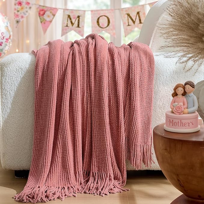 inhand Coral Pink Chunky Chenille Throw Blanket for Couch Bed, Mothers Day/Mom Birthday Gifts for Mom from Daughter Son,Soft Boho Knitted Blanket,Cozy Decor for Living Room,50"x60",Medium Thick