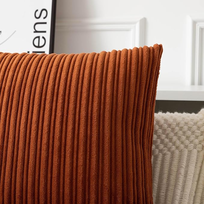 UGASA Fall 14x24 Inch Pillow Cover Pack of 1 Soft Boho Stripe Corduroy Long Rectangle Lumbar Cushion Case Farmhouse Decorative Throw Pilowcase for Bed, Couch, Sofa, Bedroom, Living Room, Burnt Orange