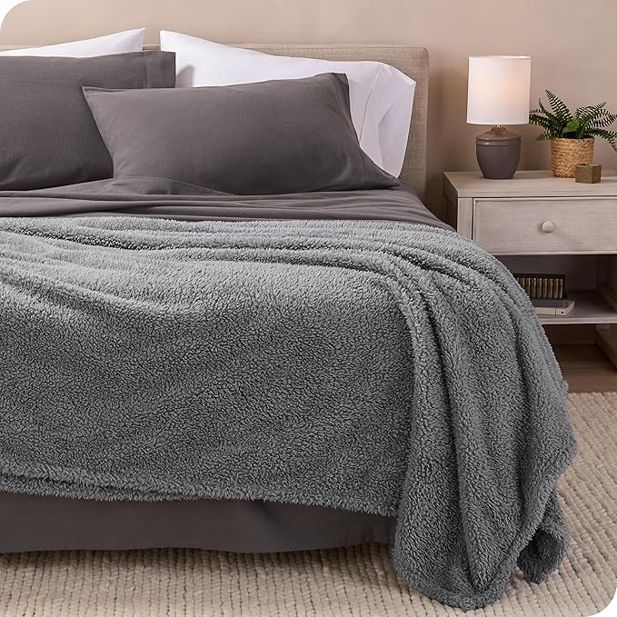 Bare Home Faux Shearling Blanket - Throw Size - Blanket for Bed, Sofa, Couch, Camping, Travel, and Gifts - Warm & Lightweight - Fluffy & Soft (Throw, Solid Grey)