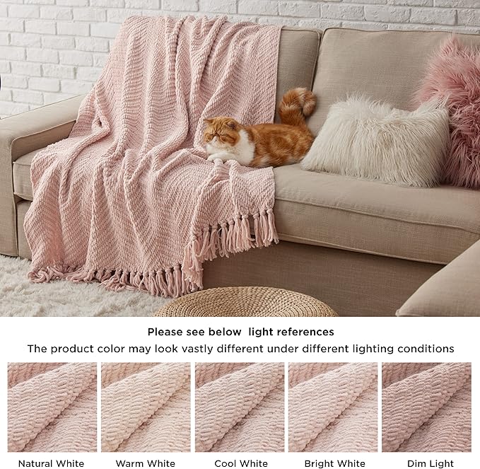 Bedsure Throw Blankets for Couch - Textured Knit Woven Chenille Blanket - Super Soft, Warm Decorative Boho Throw with Tassels for Bed, Sofa and Living Room, Pink, 50x60 Inches
