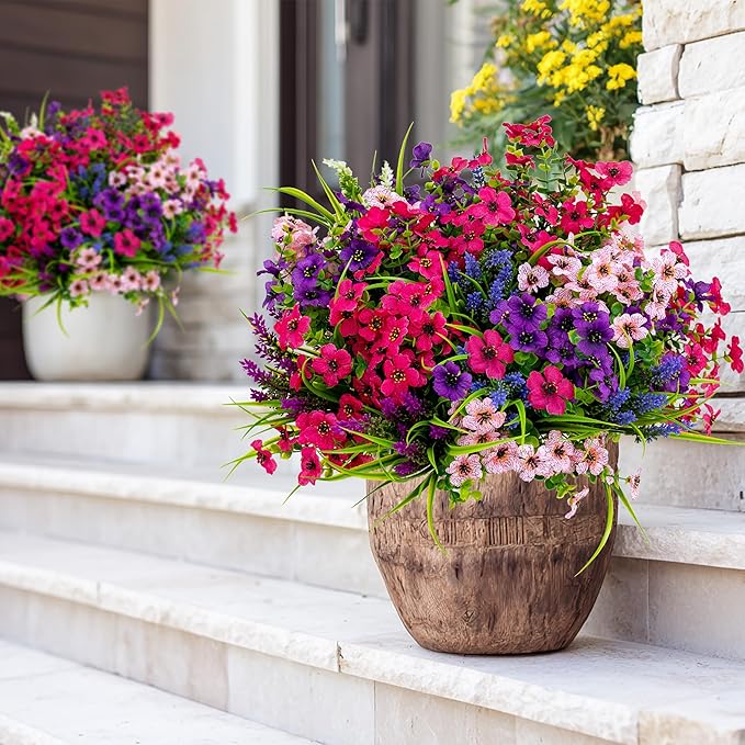Artificial Flowers for Outdoors Fake Plants - 16 Bundles Faux Outside Greenery Boxwood No Fade Plastic Shrubs Fall Decor Farmhouse Home Garden Thanksgiving Mums (Mix White Purple Pink)