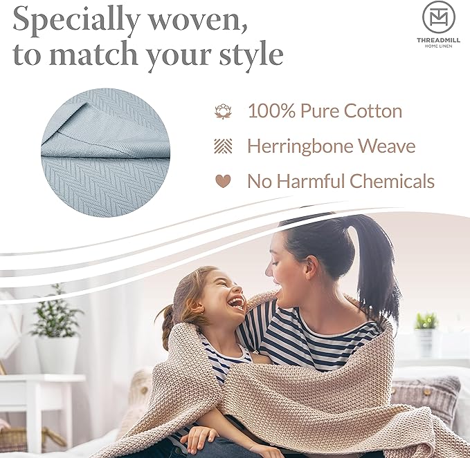 Threadmill Luxury Cotton Blankets for Twin Size Bed | All-Season 100% Cotton Twin Blanket for Bed | Herringbone Soft & Cozy Fall Thermal Blanket, 350GSM, 68x92 inches | Vanilla Cream