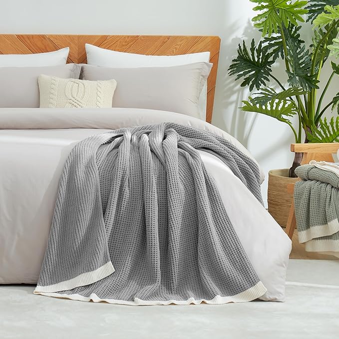 Amélie Home Waffle Throw Blanket for Couch Twin, Soft Cozy Chenille Knit Blanket Warm Decorative Throw for Sofa, Bed, Living Room, 60"x80", Grey