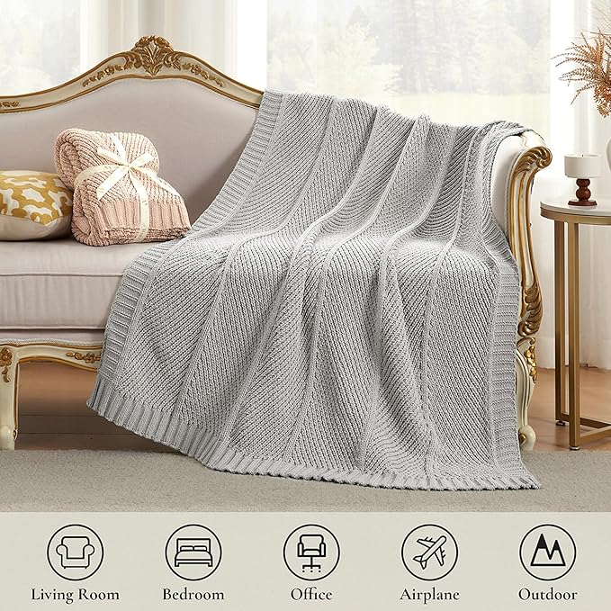 Amélie Home Chevron Chenille Knit Throw Blanket for Couch, Cozy Texture Decorative Soft Blanket for Sofa & Chair, 60"x80", Light Grey