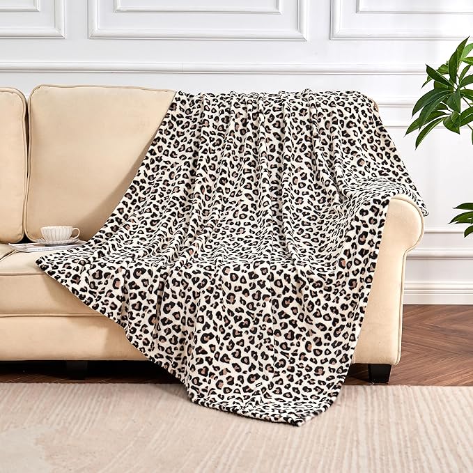 Leopard Print Blanket Fleece Throw for Bed Sofa Travel and Camping, Super Soft Cozy Fluffy Plush Cheetah Print Blanket for All Seasons 50"x60" (Cream)