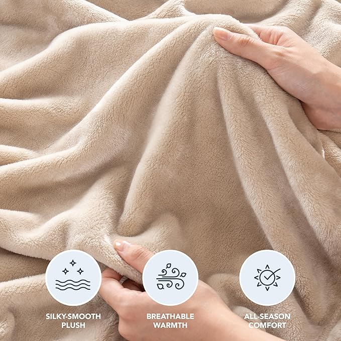Berkshire Blanket Classic VelvetLoft® Solid Bed Blanket Queen Size, Lightweight Soft Fuzzy Plush Blanket for Bed and Couch, Grain, 90x90 Inches