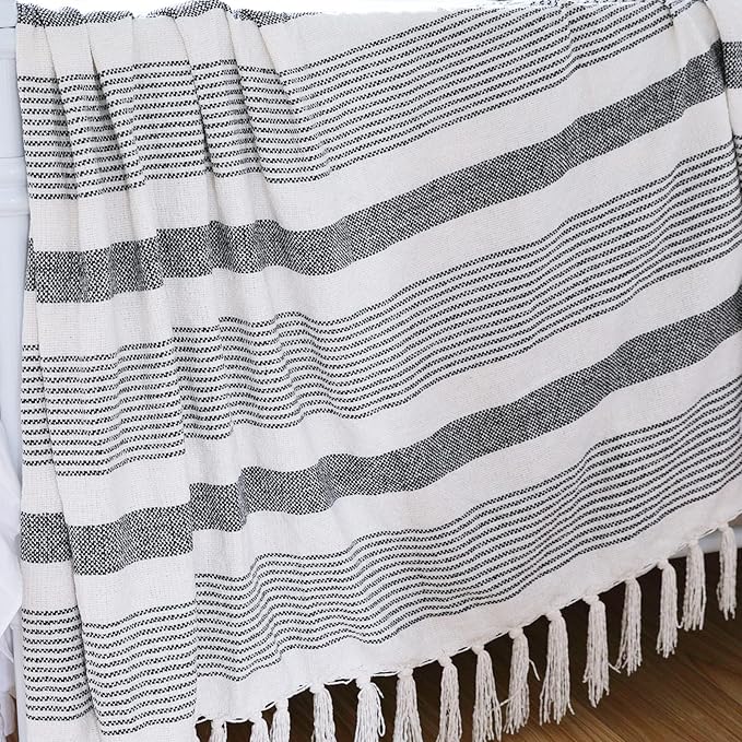 Decorative Black White Striped Throw with Fringe, Soft Chenille Knitted Farmhouse Lightweight Blanket with Tassels for Couch Sofa Chair Bed Office Home Décor, Black and Ivory, 50" x 60"
