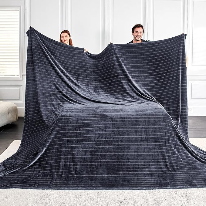 Extra Large 120x120 Inch Giant Soft Cozy Fleece Blanket, Huge Oversized Seamless King 3D Jacquard Decorative California King Blanket for Bed, Couch, Travel - Striped Dark Grey