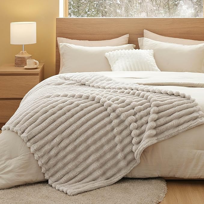 Bedsure Twin Blanket for Couch - 350GSM Super GentleSoft Fuzzy Fluffy Cozy Blankets for Women, Cute Small Plush Fleece Throws for Girls, Linen，60x80 Inches, Wider Striped Design