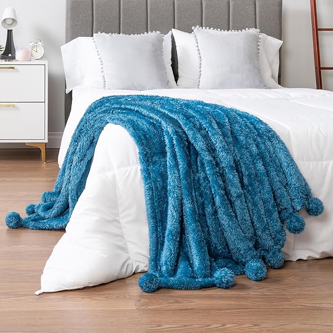 PAVILIA Teal Sherpa Throw Blanket for Couch, Warm Plush Pom Pom Blanket Twin, Fuzzy Sofa Throw for Bed, Lightweight Soft Cozy Fluffy Blanket With Pom Poms, Turquoise, 60x80