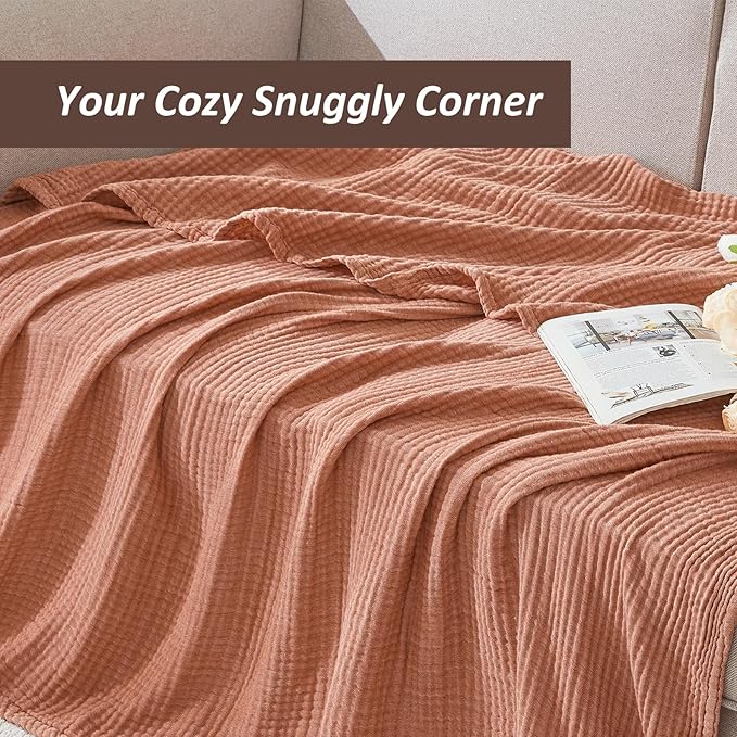 EMME Cotton Muslin Large Throw Blanket Couch Breathable Gauze Blanket Soft Lightweight Bed Blankets Adults (Orange Red, 50"x70")